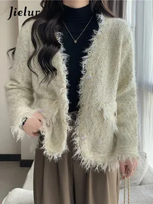 Metaversmall Tassel Knitted Women's Sweater Autumn Winter Korean New Chic Female Cardigan Coat Woman Beige Sweaters Single-breasted