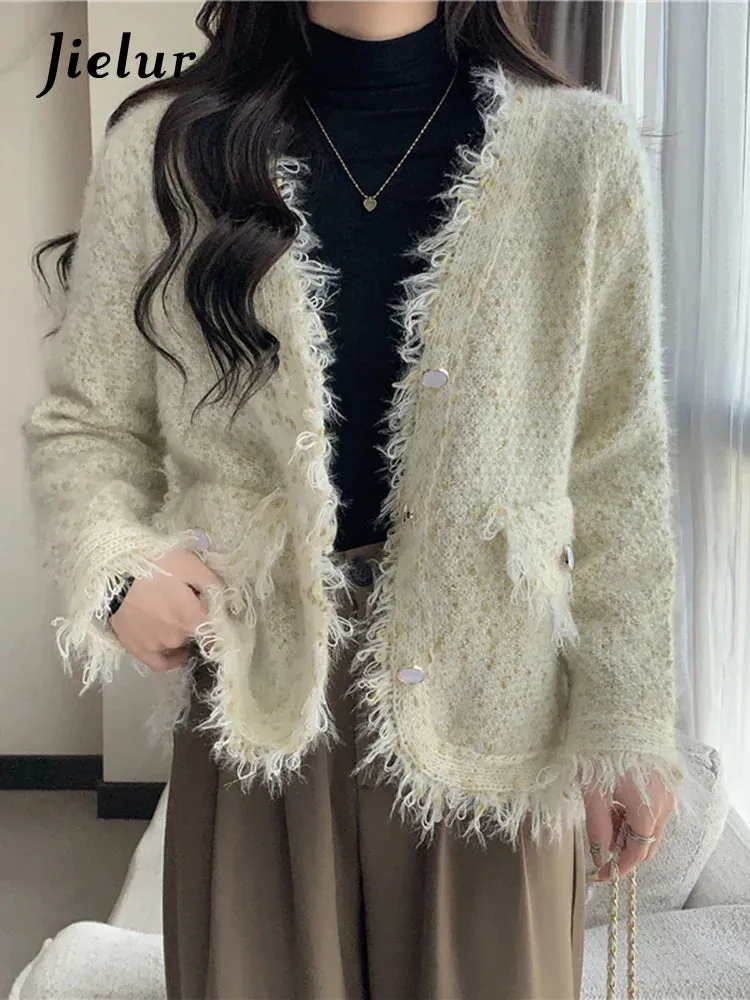 Metaversmall Tassel Knitted Women's Sweater Autumn Winter Korean New Chic Female Cardigan Coat Woman Beige Sweaters Single-breasted