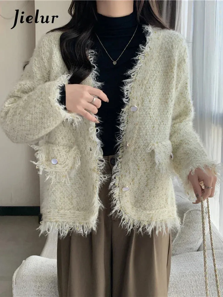 Metaversmall Tassel Knitted Women's Sweater Autumn Winter Korean New Chic Female Cardigan Coat Woman Beige Sweaters Single-breasted