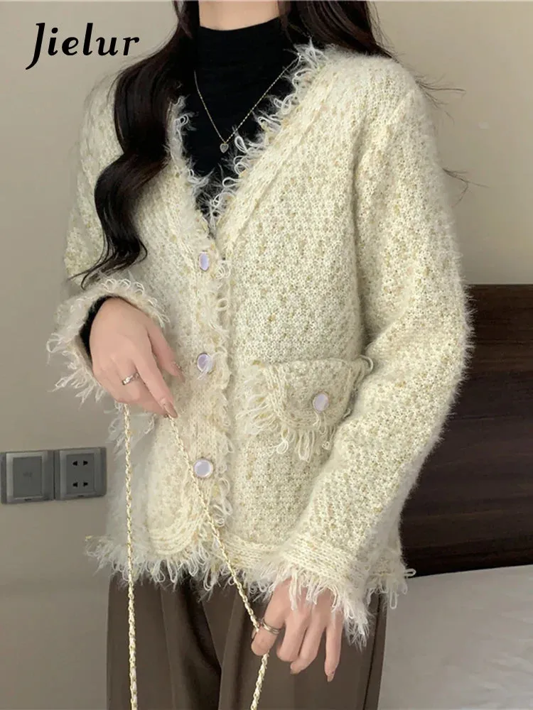 Metaversmall Tassel Knitted Women's Sweater Autumn Winter Korean New Chic Female Cardigan Coat Woman Beige Sweaters Single-breasted