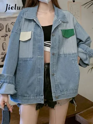 Metaversmall Vintage Hit Color Splicing Denim Jacket Female Autumn Winter Korean New Fashion Loose Blue Denim Coat Women Cool Top S-XL