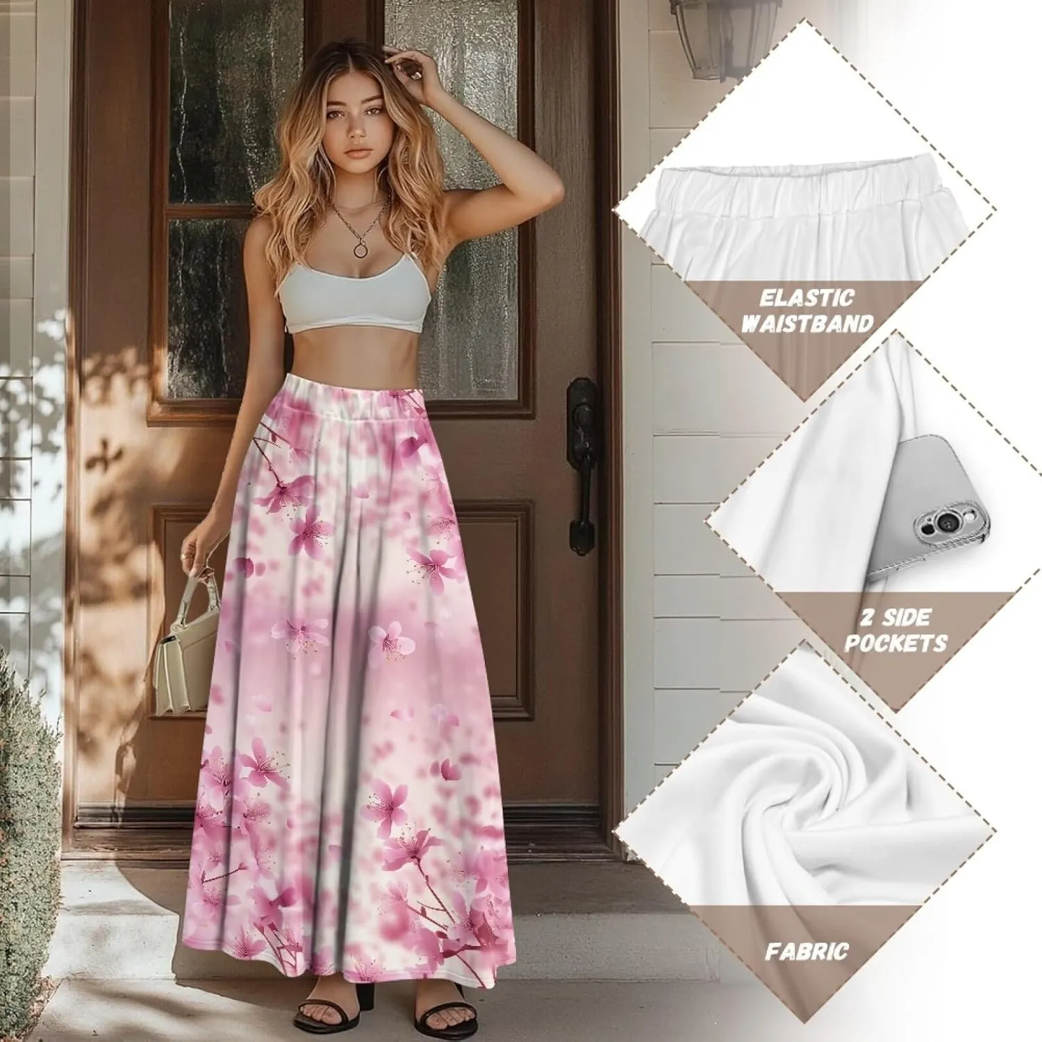 Midi Skirts for Womens Elastic Summer Fall Long Skirts Ultra-Soft Flared Skirts with Pockets Below The Knee Skirts