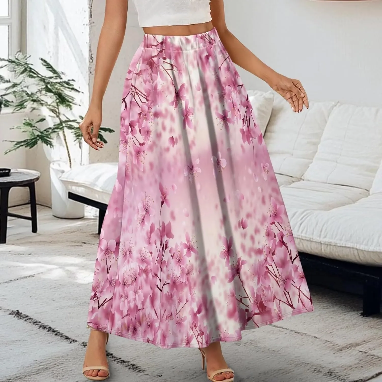 Midi Skirts for Womens Elastic Summer Fall Long Skirts Ultra-Soft Flared Skirts with Pockets Below The Knee Skirts