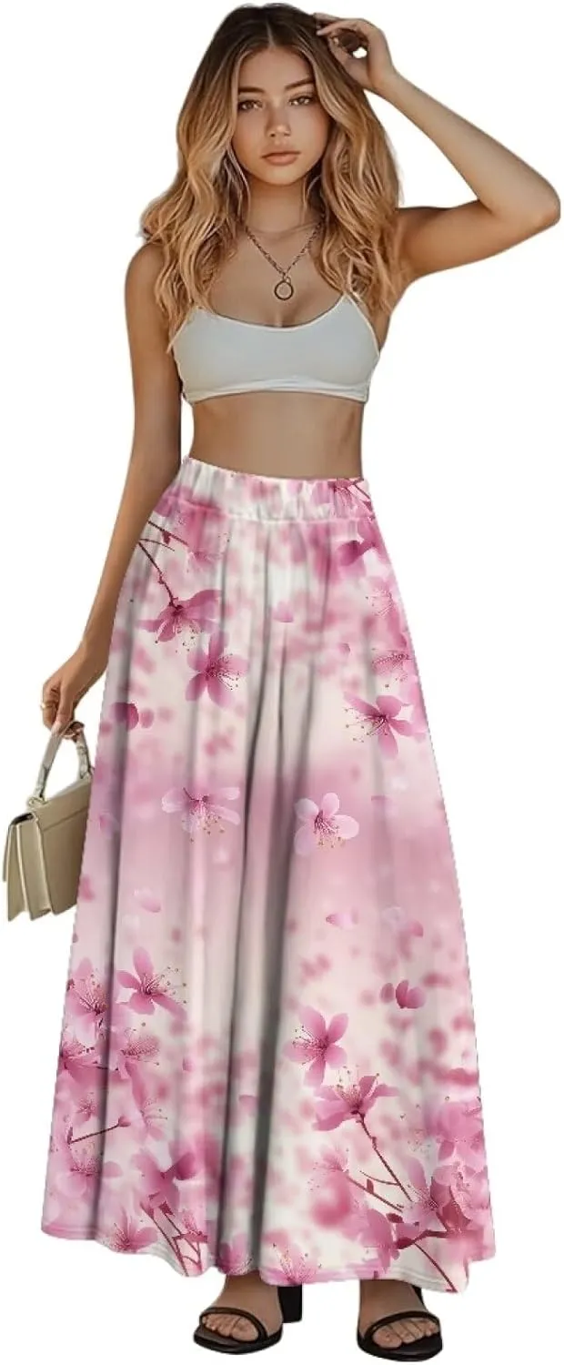 Midi Skirts for Womens Elastic Summer Fall Long Skirts Ultra-Soft Flared Skirts with Pockets Below The Knee Skirts