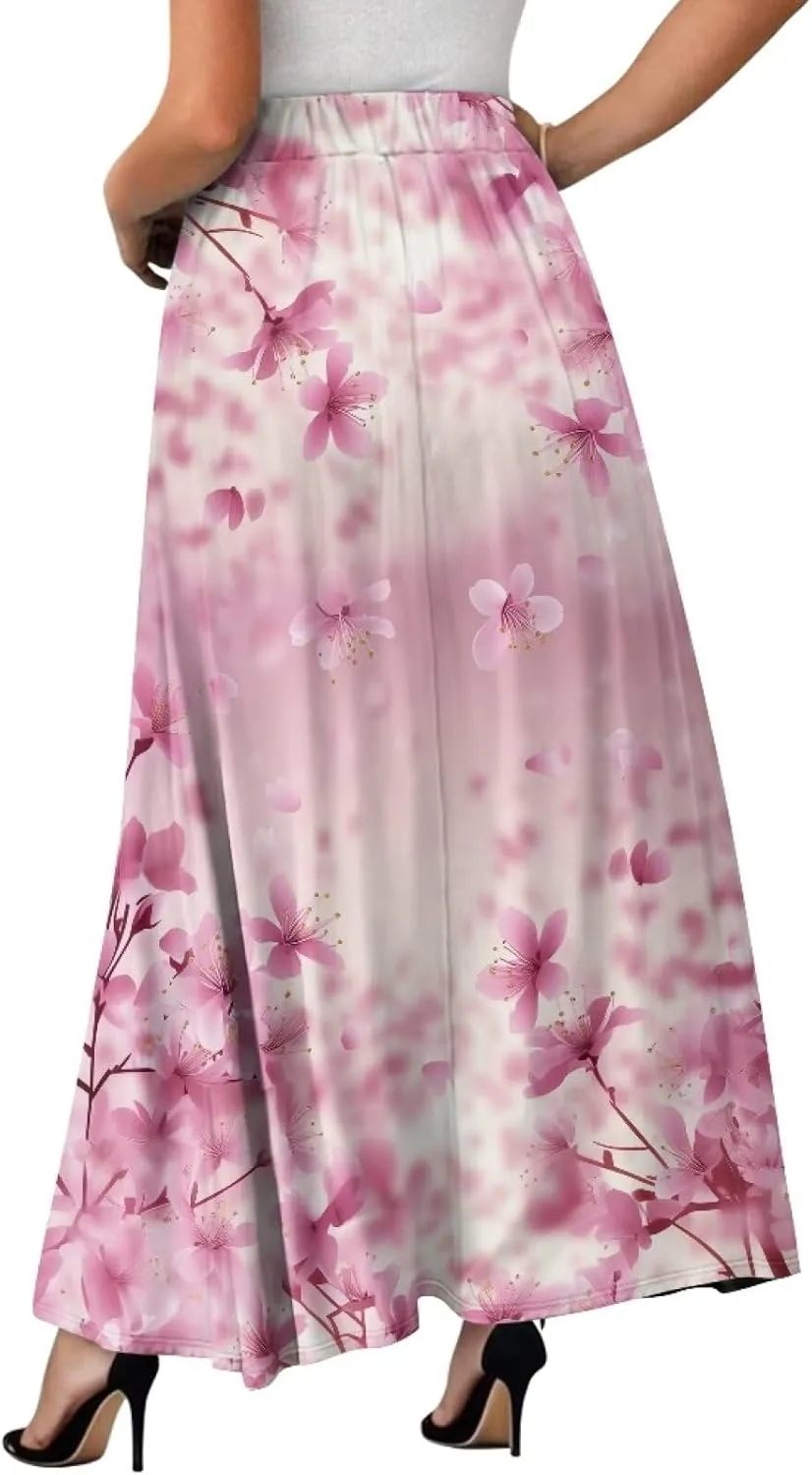 Midi Skirts for Womens Elastic Summer Fall Long Skirts Ultra-Soft Flared Skirts with Pockets Below The Knee Skirts