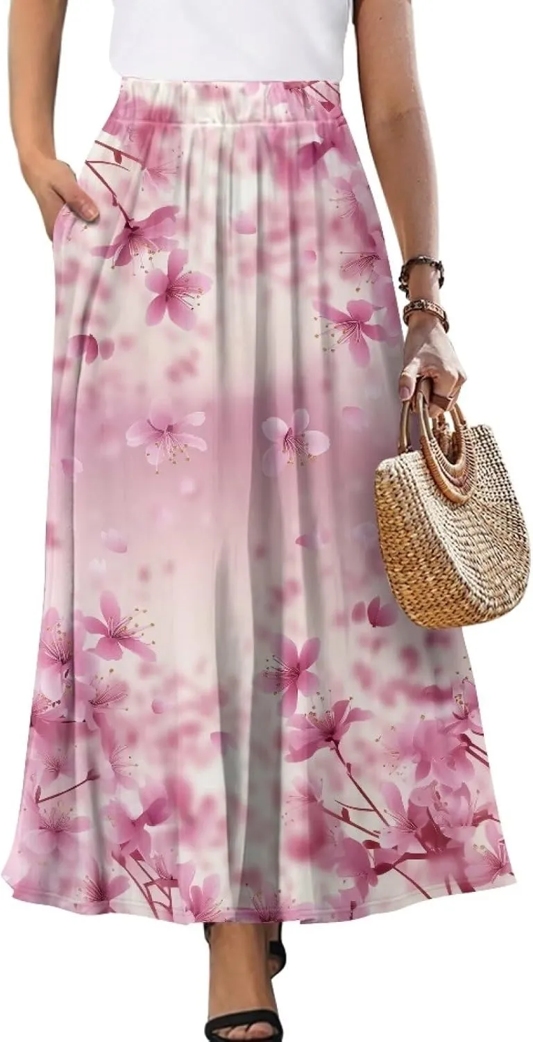 Midi Skirts for Womens Elastic Summer Fall Long Skirts Ultra-Soft Flared Skirts with Pockets Below The Knee Skirts