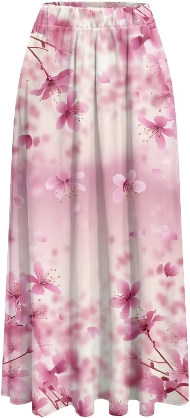 Midi Skirts for Womens Elastic Summer Fall Long Skirts Ultra-Soft Flared Skirts with Pockets Below The Knee Skirts