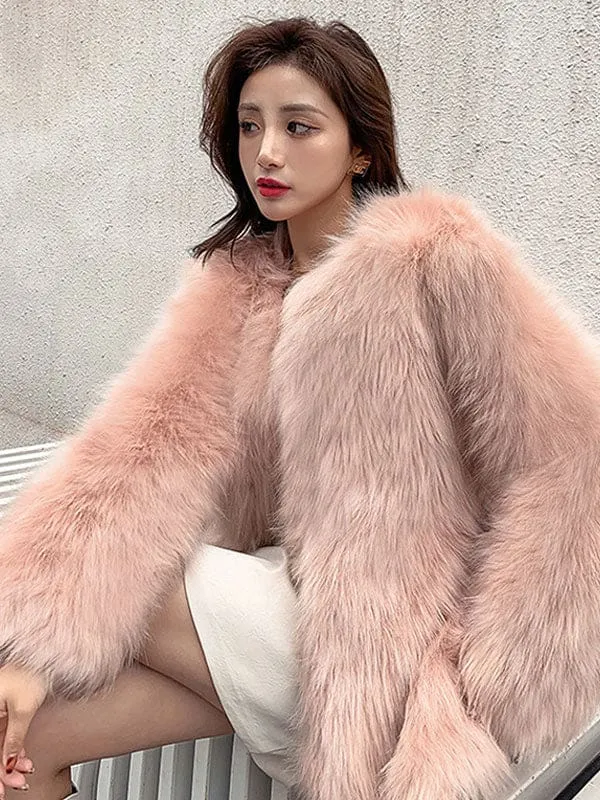 New Faux Fur Coats Long Sleeves Polyester Casual Jewel Neck White Winter Coat