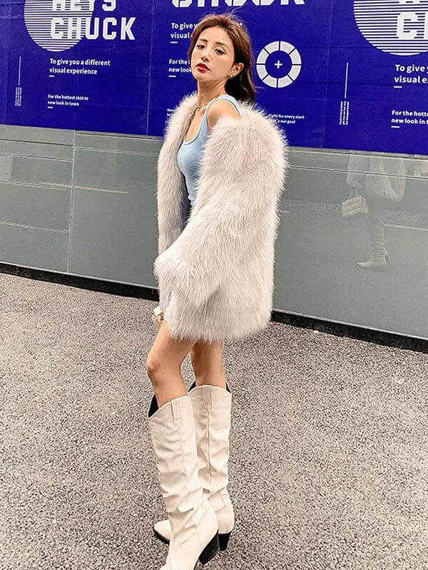 New Faux Fur Coats Long Sleeves Polyester Casual Jewel Neck White Winter Coat