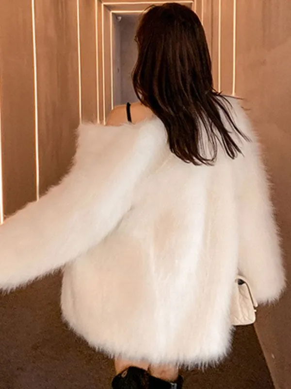 New Faux Fur Coats Long Sleeves Polyester Casual Jewel Neck White Winter Coat
