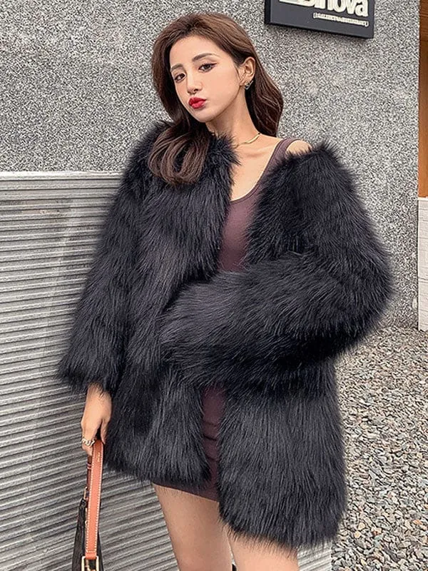 New Faux Fur Coats Long Sleeves Polyester Casual Jewel Neck White Winter Coat