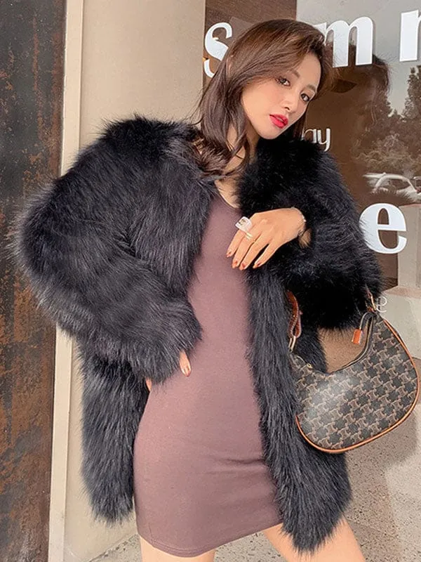 New Faux Fur Coats Long Sleeves Polyester Casual Jewel Neck White Winter Coat
