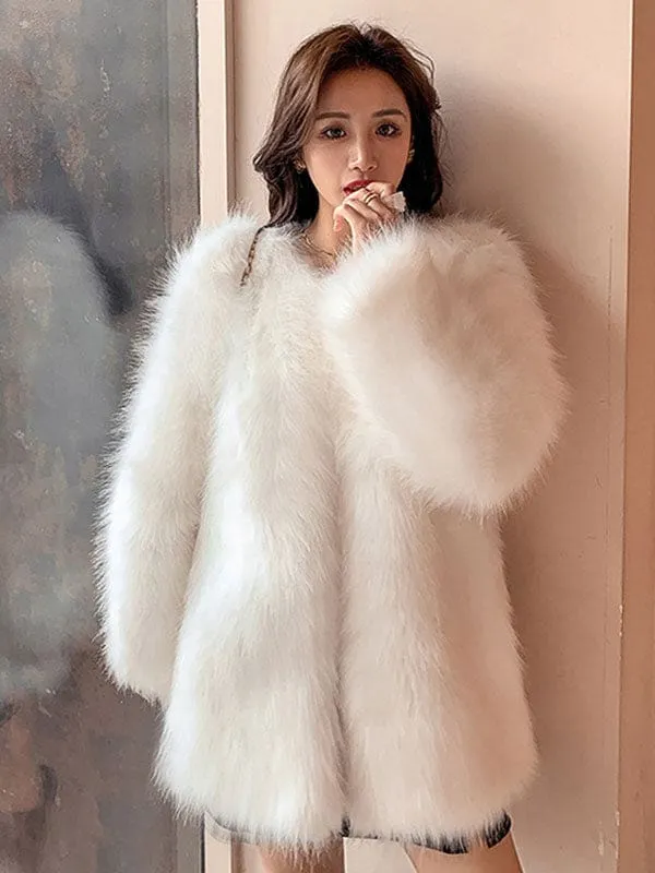 New Faux Fur Coats Long Sleeves Polyester Casual Jewel Neck White Winter Coat