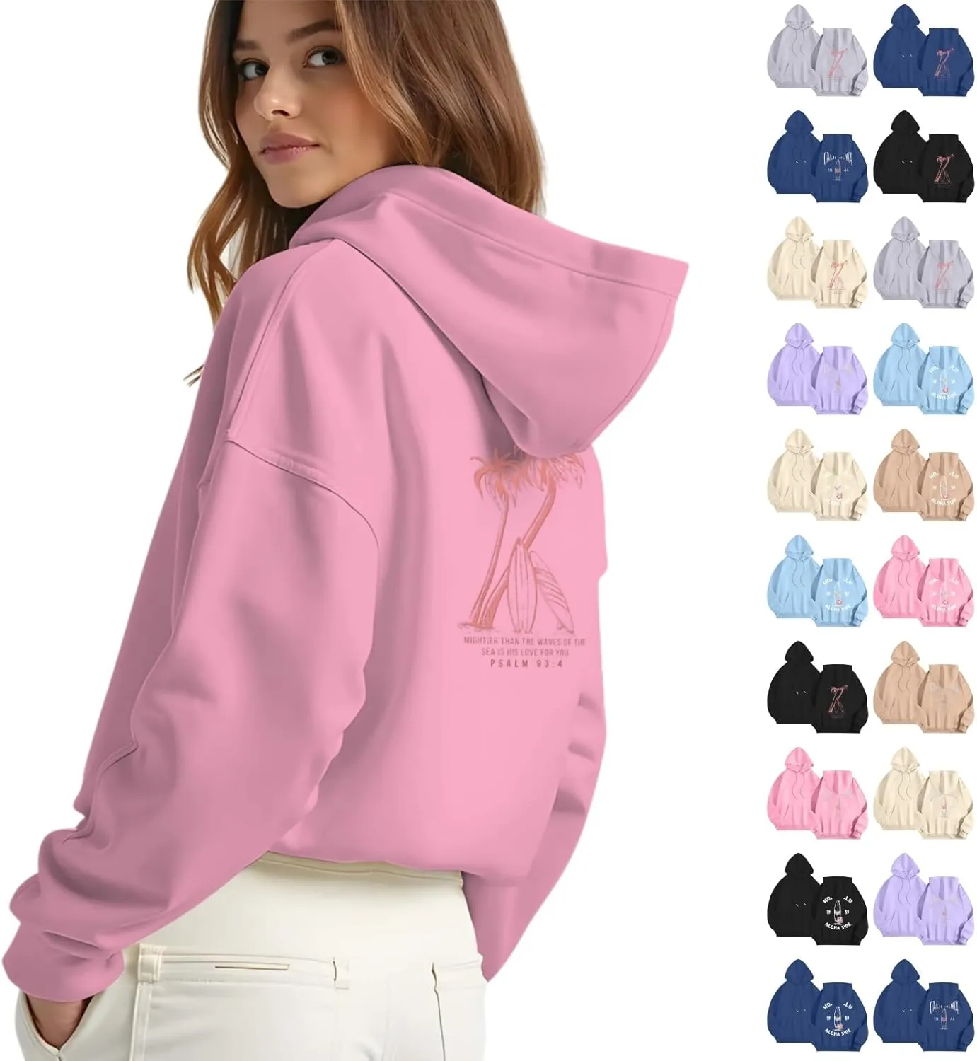 Pink Palm Puff Hoodie, Pink Palm Puff Hoodie Everything Comes In Waves Women'S Fashion Long Sleeve Sweatshirt Letter Printed Hooded Drawstring Pullover Oversized Pocket Sweatshirt Top 01 Pink Small