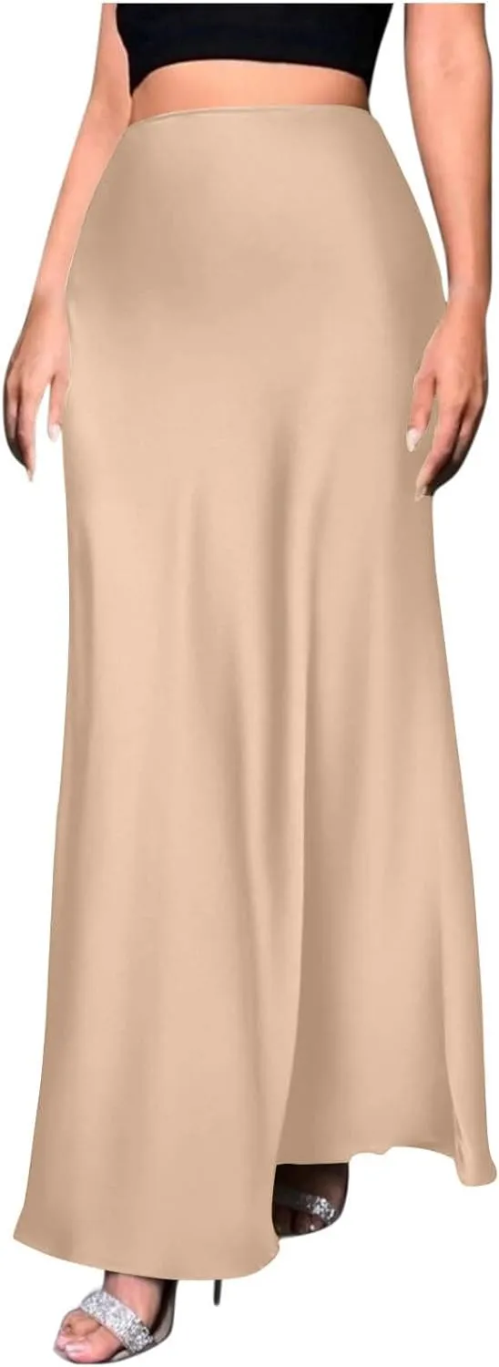 Satin Skirt for Women High Waist A Line Comfy Midi Length Skirt Elegant Cocktail Party Wedding Flared Casual Skirts