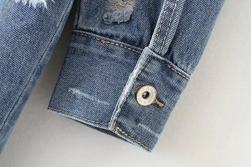 Washed Hole Boyfriend Style Loose Denim Blue Long Jacket
