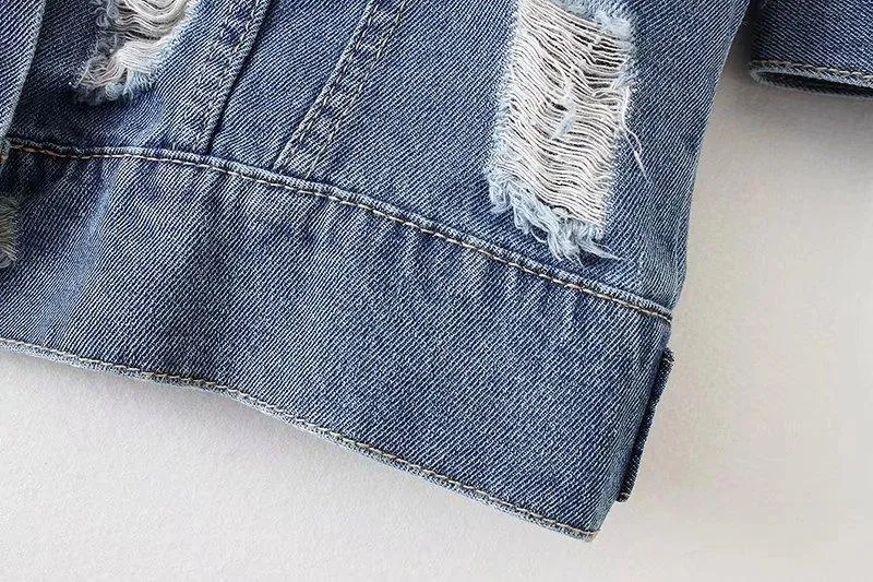 Washed Hole Boyfriend Style Loose Denim Blue Long Jacket