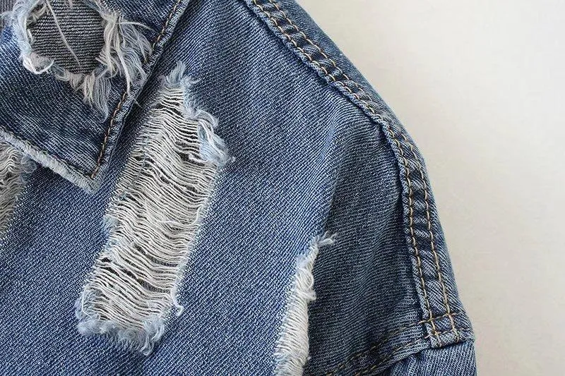 Washed Hole Boyfriend Style Loose Denim Blue Long Jacket