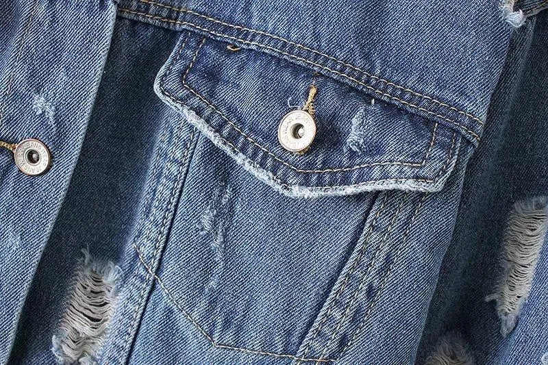 Washed Hole Boyfriend Style Loose Denim Blue Long Jacket