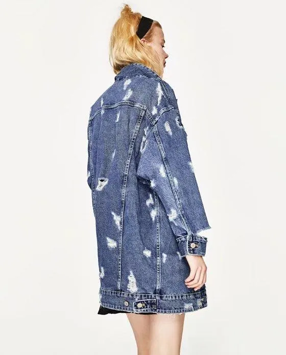 Washed Hole Boyfriend Style Loose Denim Blue Long Jacket