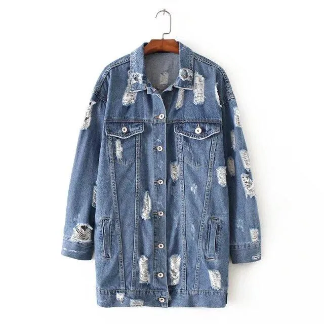 Washed Hole Boyfriend Style Loose Denim Blue Long Jacket