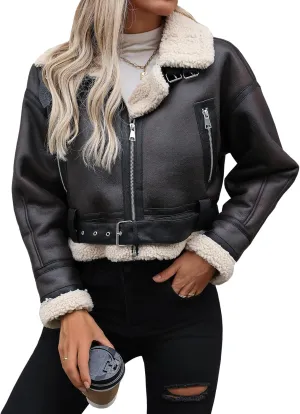 Winter Women Faux Lamb Fur Leather Jacket Warm Fur Lined Zipper Cropped Bomber Aviator Coat