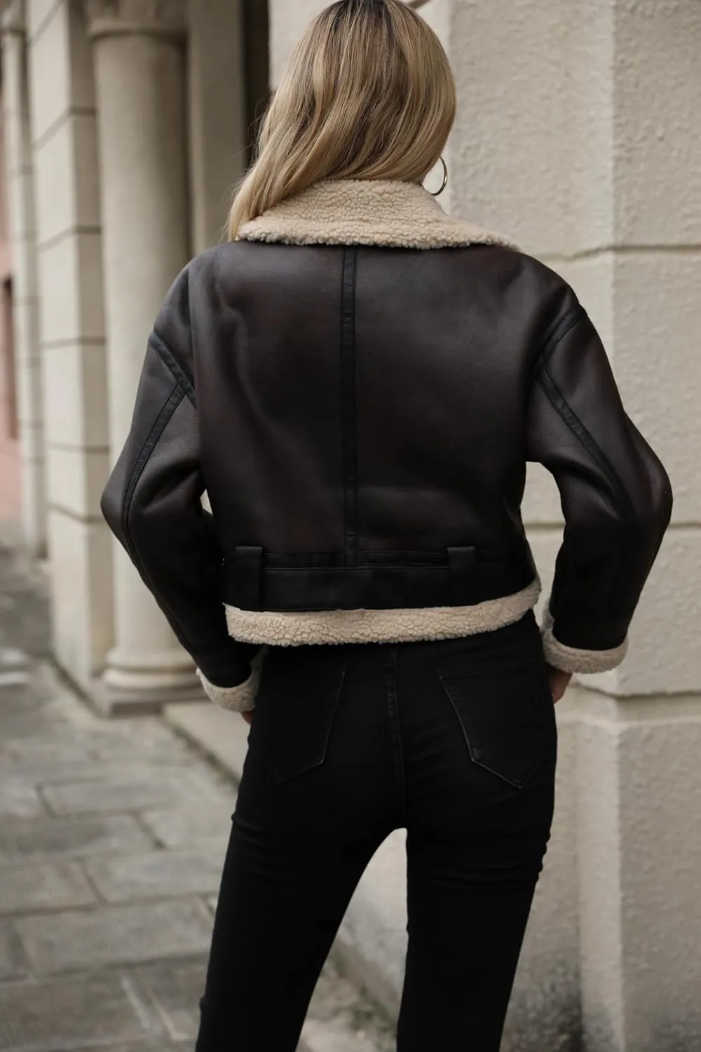 Winter Women Faux Lamb Fur Leather Jacket Warm Fur Lined Zipper Cropped Bomber Aviator Coat