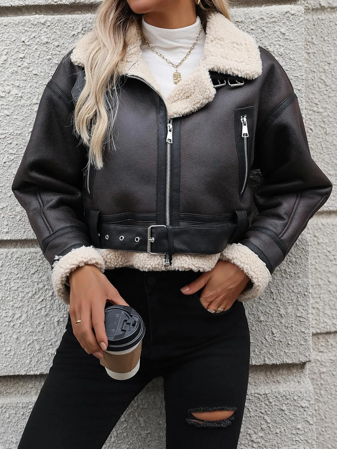 Winter Women Faux Lamb Fur Leather Jacket Warm Fur Lined Zipper Cropped Bomber Aviator Coat