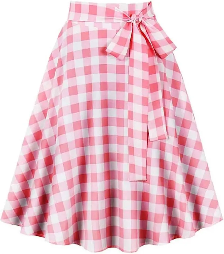 Women High Waist Pleated Knee-Length Skirts A-Line Plaid Skirts Flared Skater Skirt with Belt