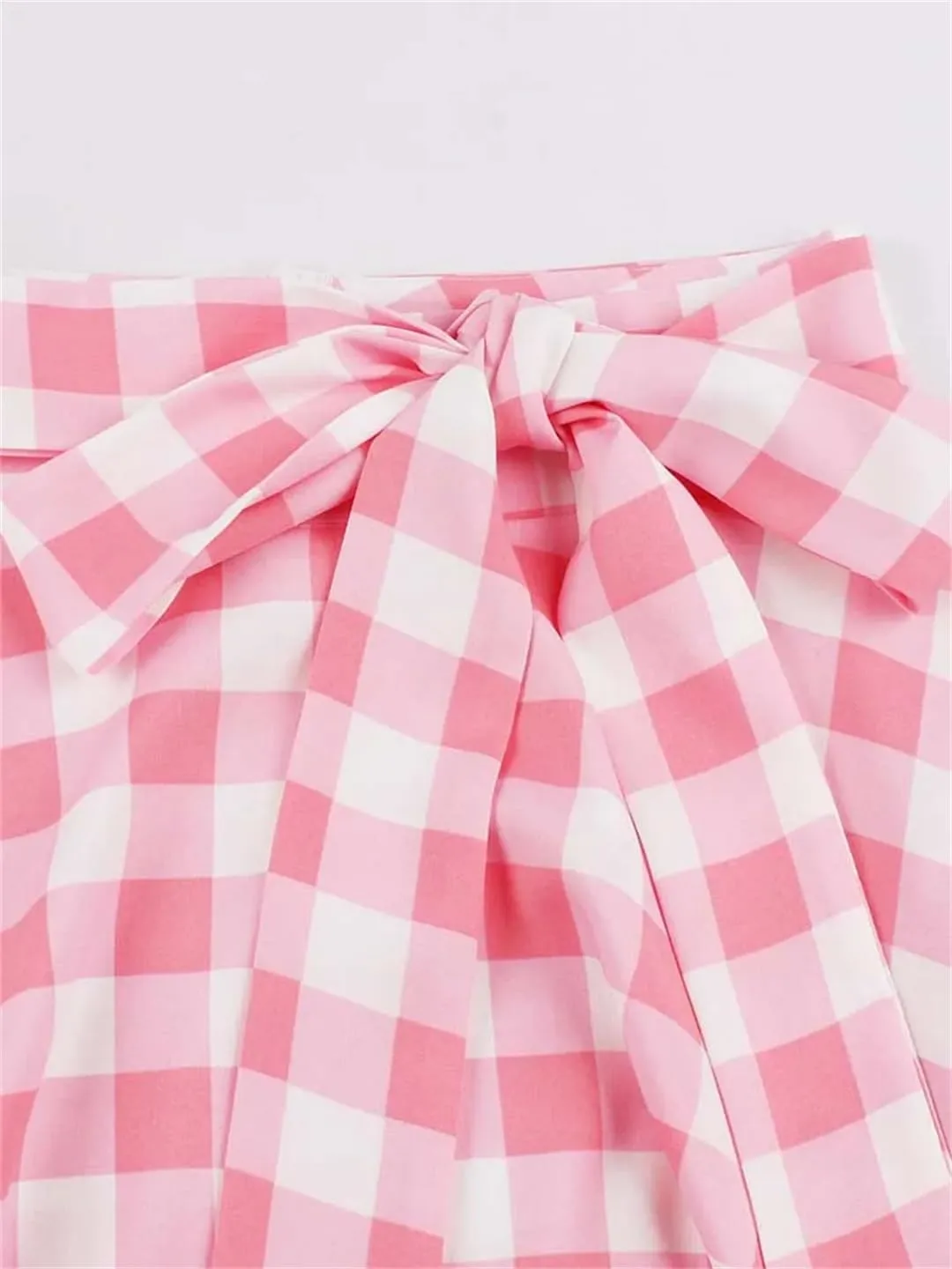Women High Waist Pleated Knee-Length Skirts A-Line Plaid Skirts Flared Skater Skirt with Belt