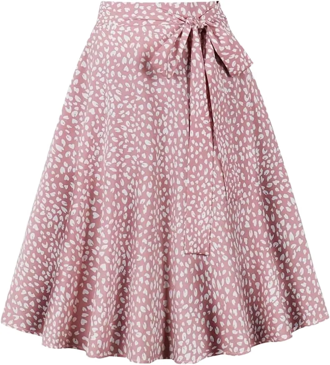 Women High Waist Pleated Knee-Length Skirts A-Line Plaid Skirts Flared Skater Skirt with Belt