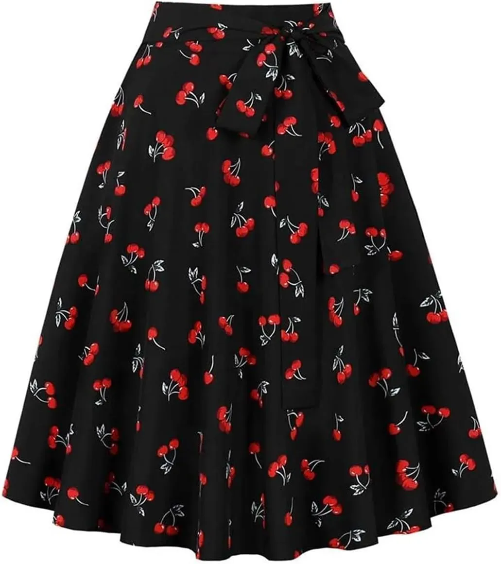Women High Waist Pleated Knee-Length Skirts A-Line Plaid Skirts Flared Skater Skirt with Belt