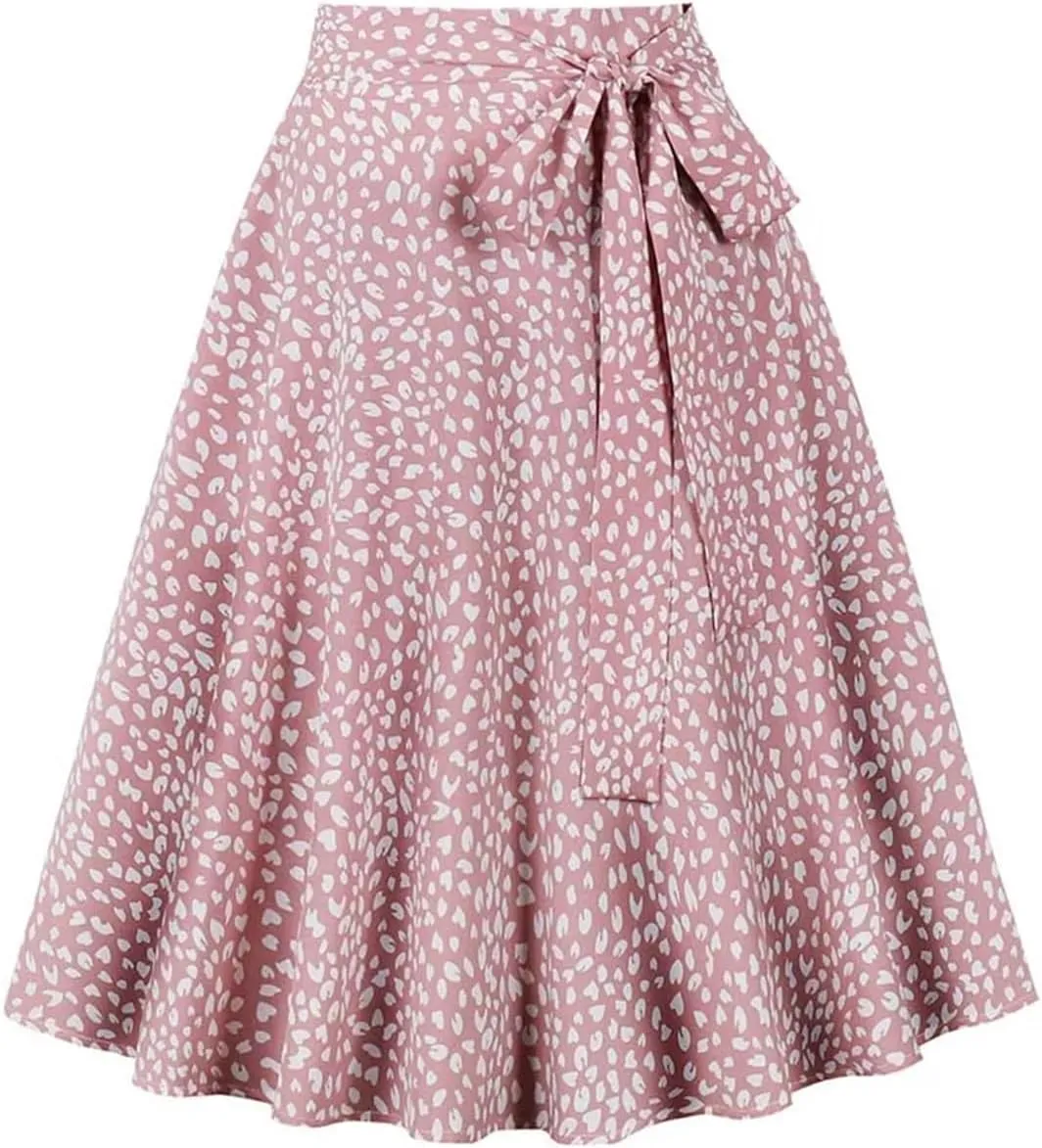 Women High Waist Pleated Knee-Length Skirts A-Line Plaid Skirts Flared Skater Skirt with Belt
