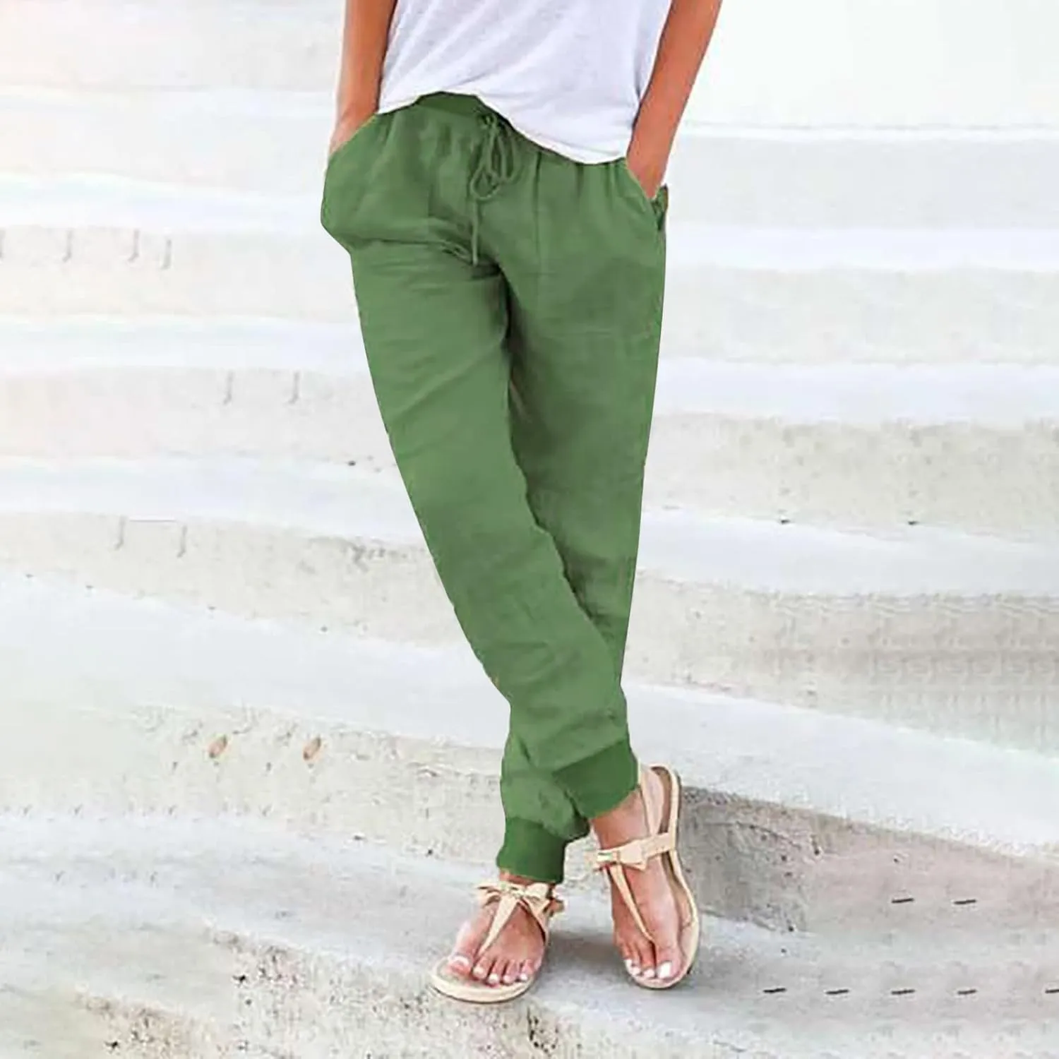 Women Summer Tapered Pants Linen Cotton Casual Drawstring Elastic Waist Pants Loose Fit Solid Lounge Trousers with Pockets