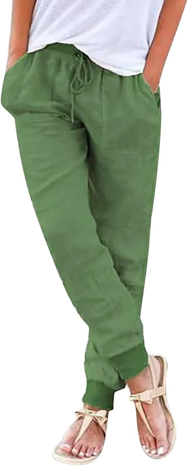 Women Summer Tapered Pants Linen Cotton Casual Drawstring Elastic Waist Pants Loose Fit Solid Lounge Trousers with Pockets
