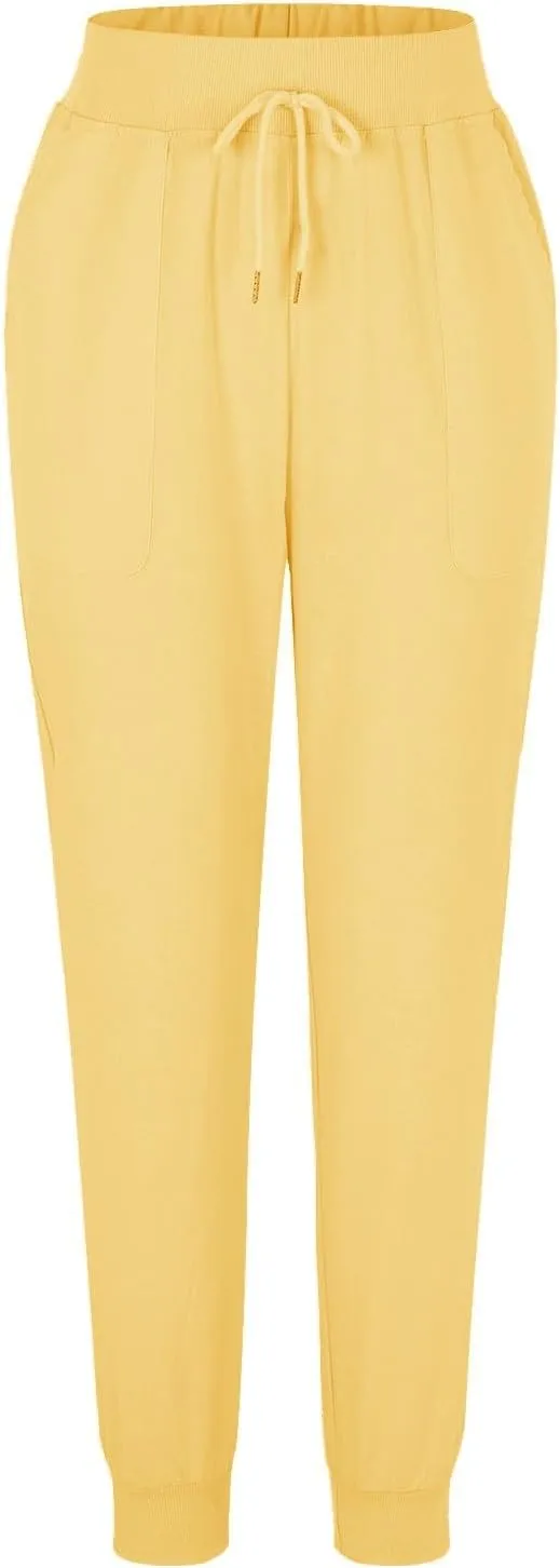 Women Summer Tapered Pants Linen Cotton Casual Drawstring Elastic Waist Pants Loose Fit Solid Lounge Trousers with Pockets