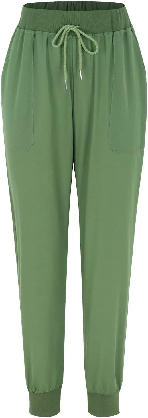 Women Summer Tapered Pants Linen Cotton Casual Drawstring Elastic Waist Pants Loose Fit Solid Lounge Trousers with Pockets