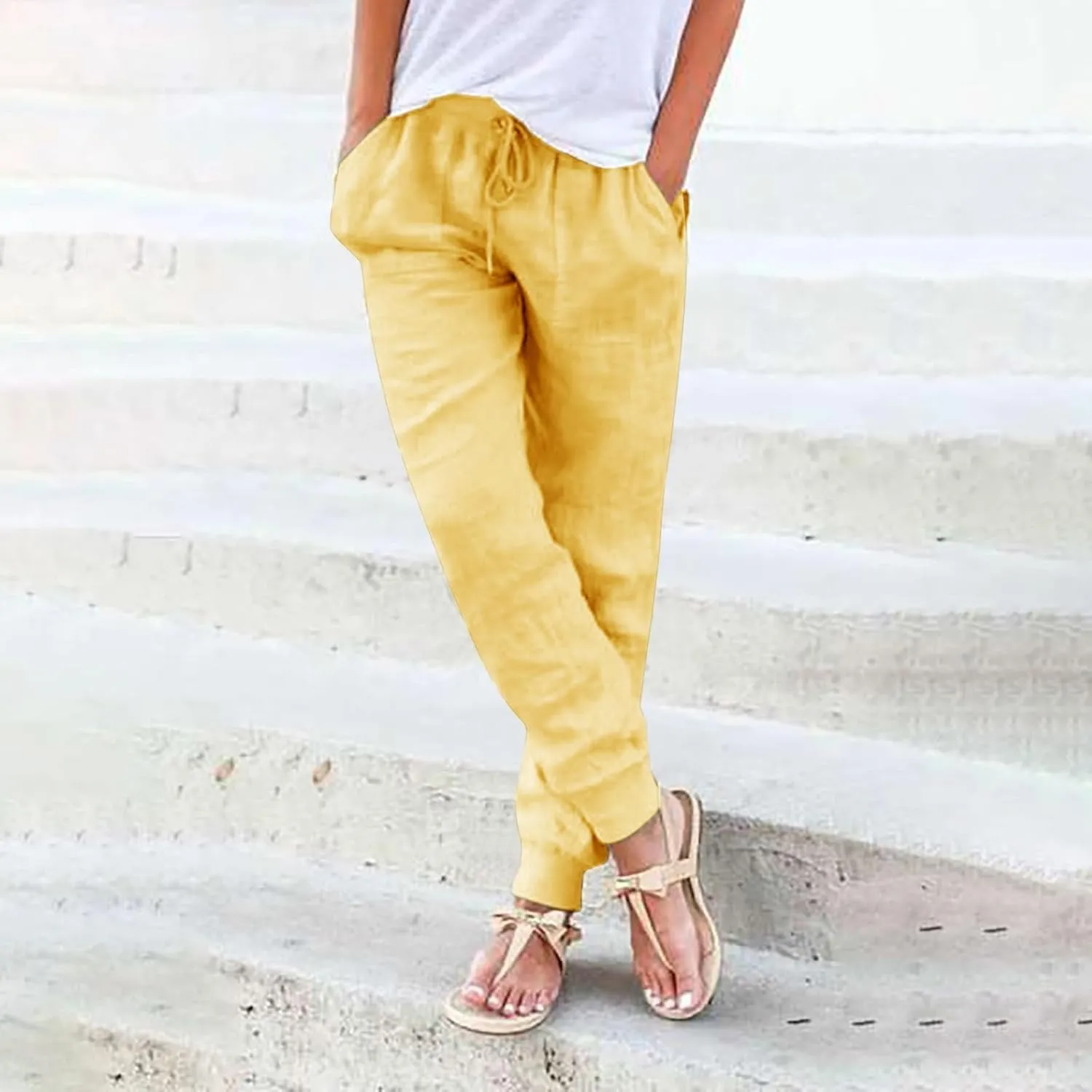 Women Summer Tapered Pants Linen Cotton Casual Drawstring Elastic Waist Pants Loose Fit Solid Lounge Trousers with Pockets