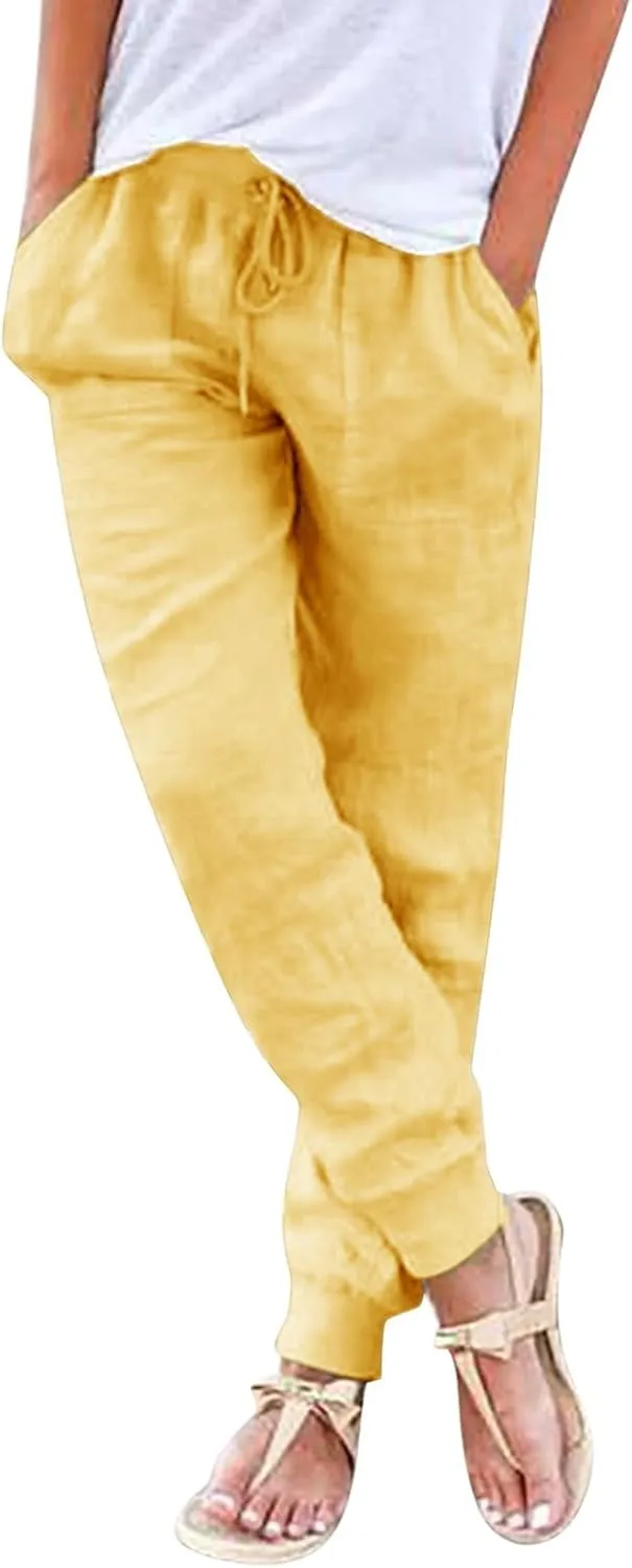 Women Summer Tapered Pants Linen Cotton Casual Drawstring Elastic Waist Pants Loose Fit Solid Lounge Trousers with Pockets
