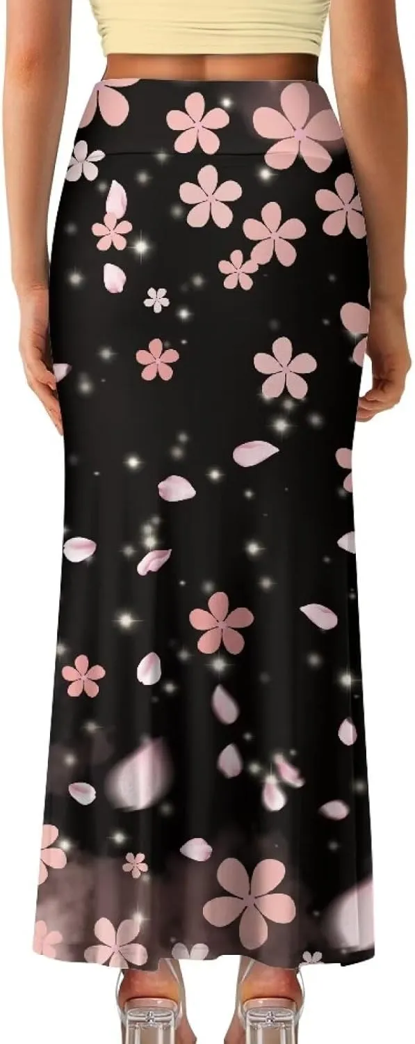 Women's Elastic High Waisted Maxi Skirt Trendy Fall Flared A-Line Midi Skirt Casual Formal Work Skirts