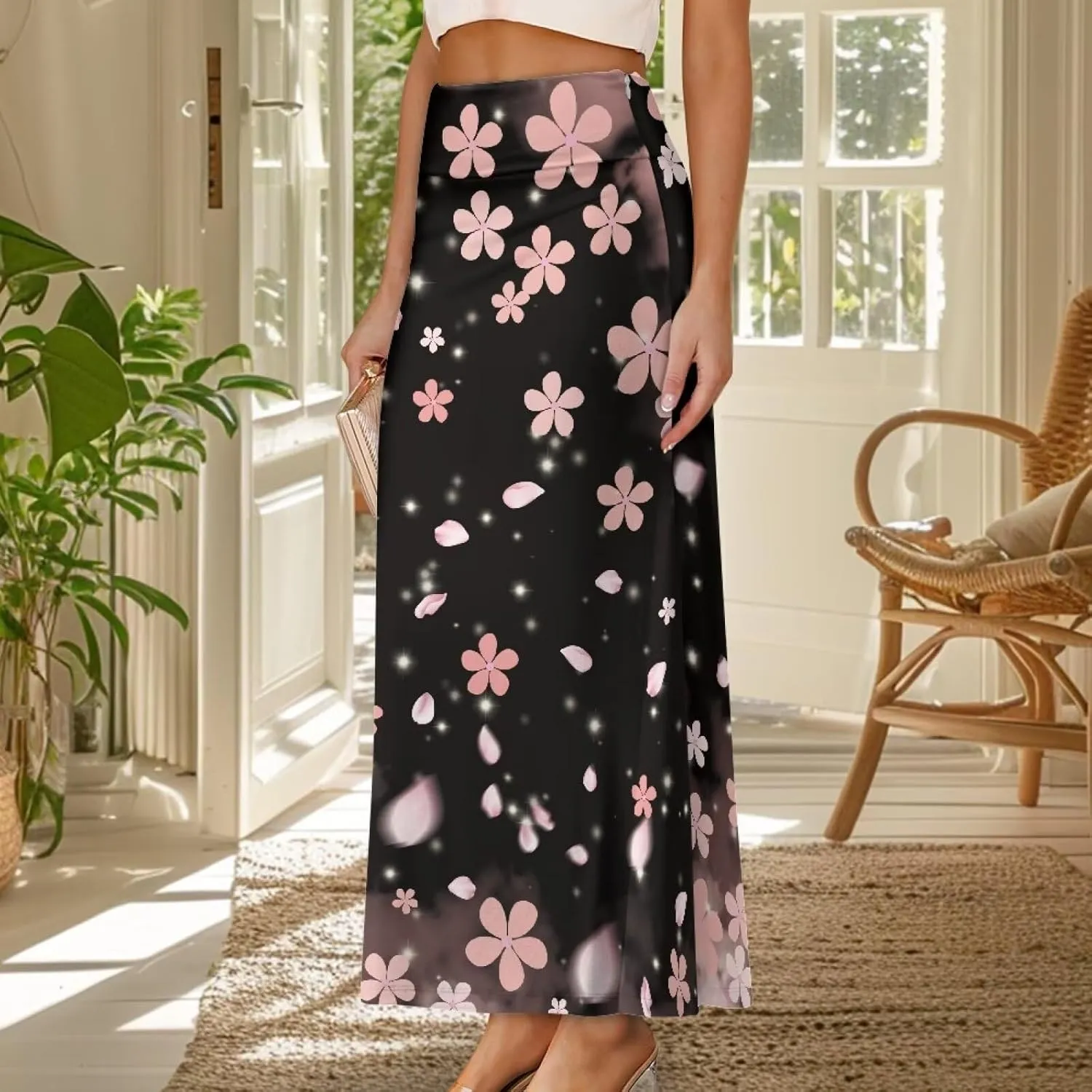 Women's Elastic High Waisted Maxi Skirt Trendy Fall Flared A-Line Midi Skirt Casual Formal Work Skirts