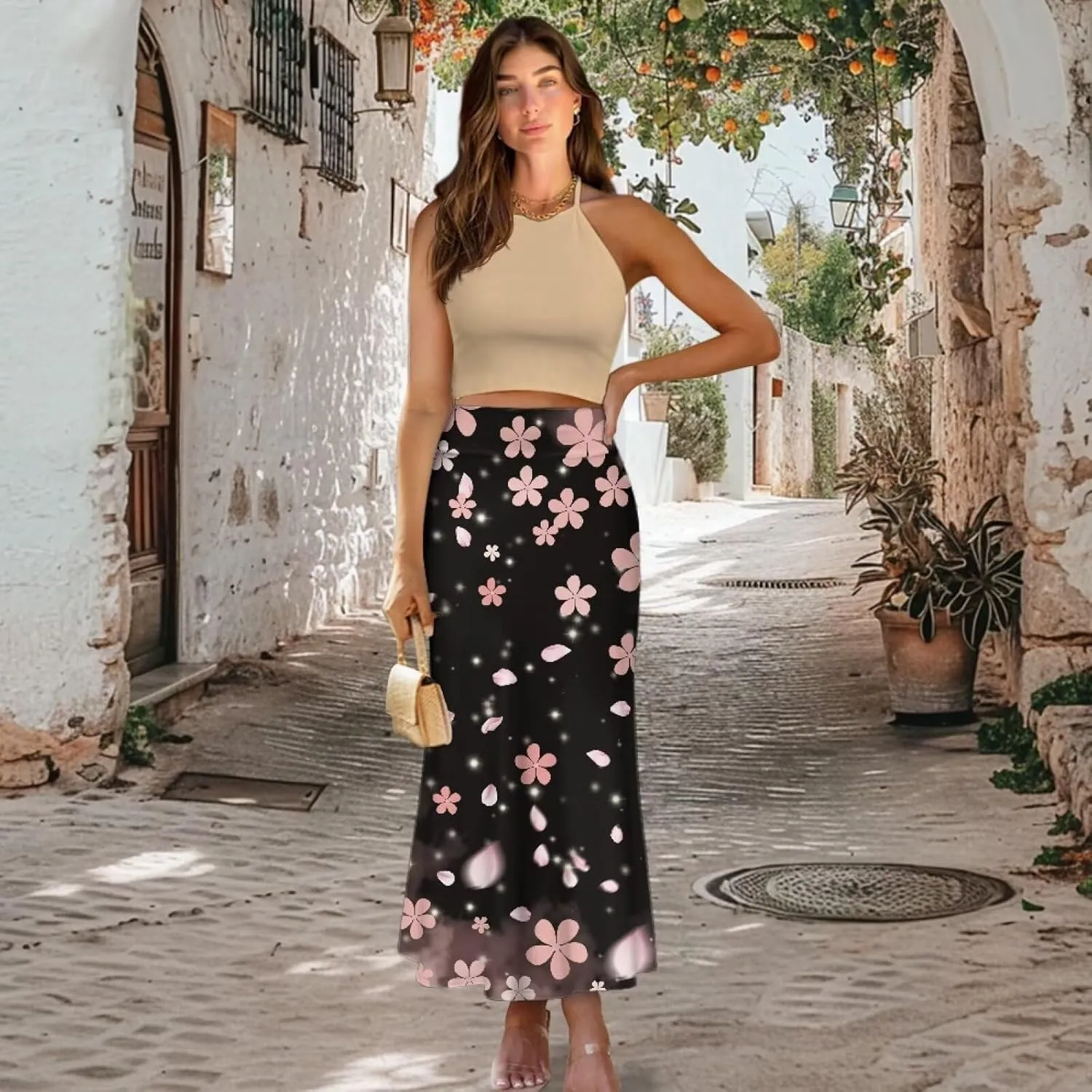 Women's Elastic High Waisted Maxi Skirt Trendy Fall Flared A-Line Midi Skirt Casual Formal Work Skirts