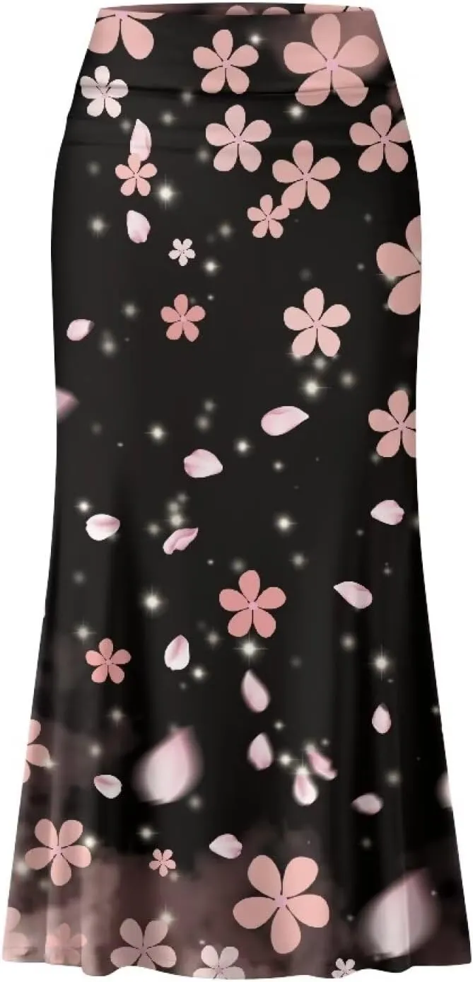 Women's Elastic High Waisted Maxi Skirt Trendy Fall Flared A-Line Midi Skirt Casual Formal Work Skirts