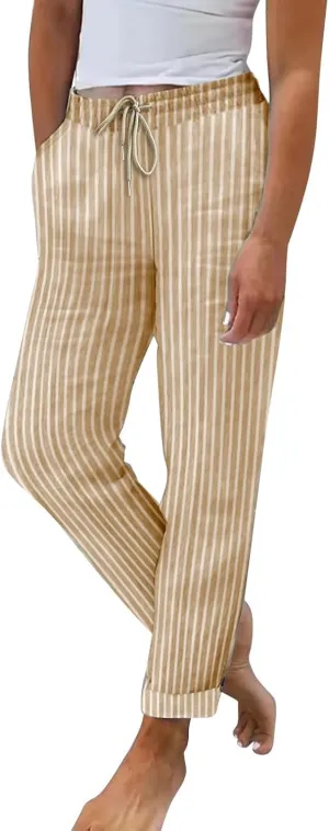 Women's Linen Summer Pants Striped Casual Pants High Waisted Lounge Pants Comfy Beach Pants with Pockets Trousers