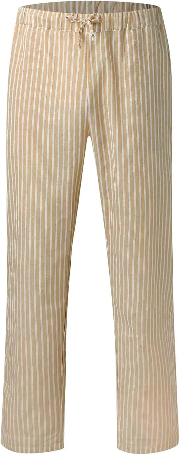 Women's Linen Summer Pants Striped Casual Pants High Waisted Lounge Pants Comfy Beach Pants with Pockets Trousers