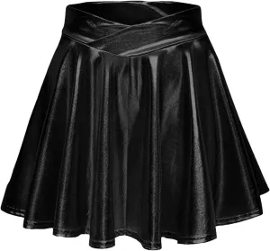 Womens Metallic Skirt Rave Carnival Shiny Flared High Waist Mini Holographic Pleated Skirts for Women