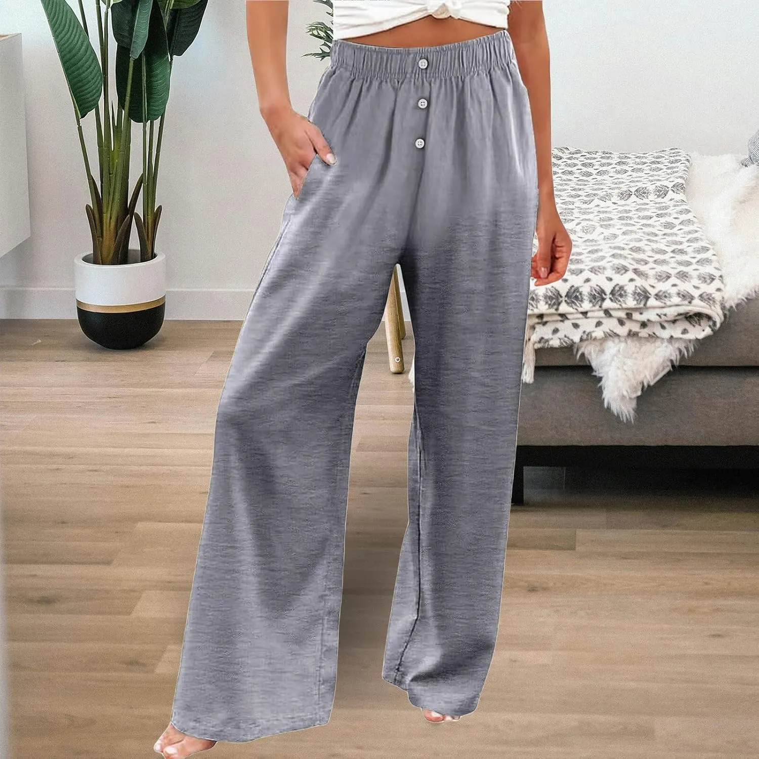Women's Pants Cotton Linen Palazzo Pants Lightweight Button Down Trousers Casual Summer Beach Vacation Trousers 2025