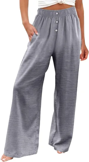 Women's Pants Cotton Linen Palazzo Pants Lightweight Button Down Trousers Casual Summer Beach Vacation Trousers 2025
