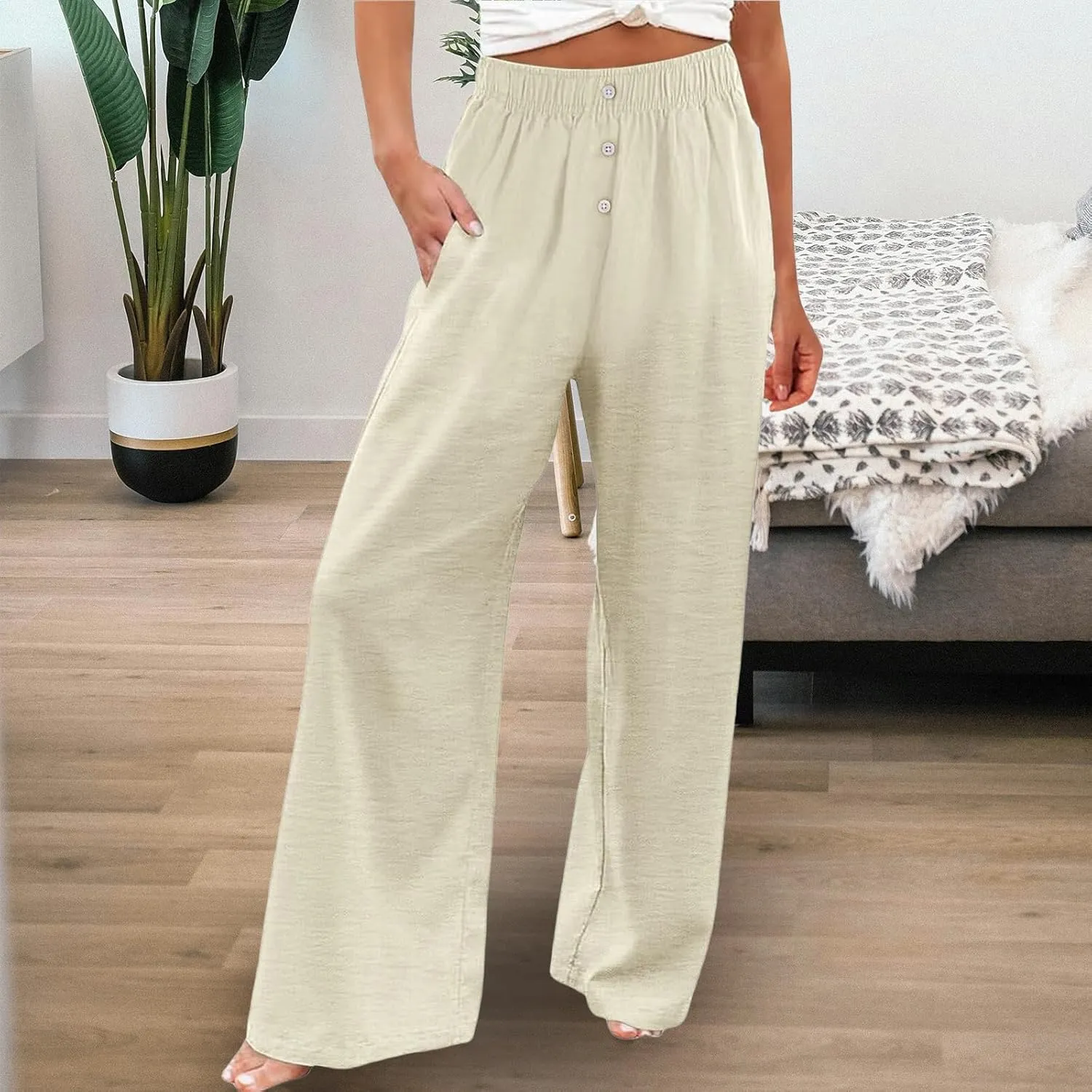 Women's Pants Cotton Linen Palazzo Pants Lightweight Button Down Trousers Casual Summer Beach Vacation Trousers 2025