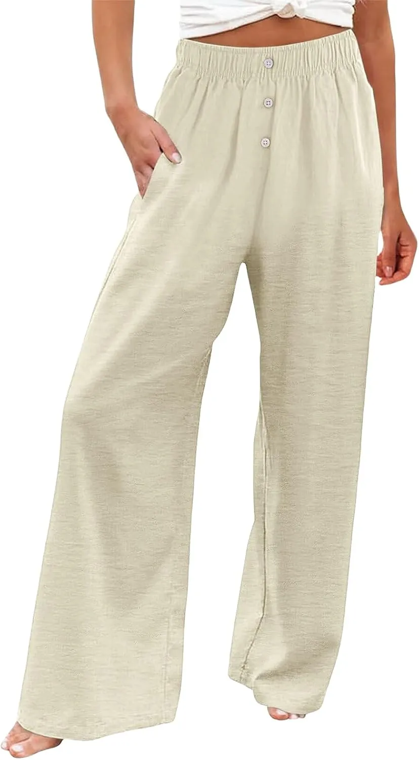 Women's Pants Cotton Linen Palazzo Pants Lightweight Button Down Trousers Casual Summer Beach Vacation Trousers 2025